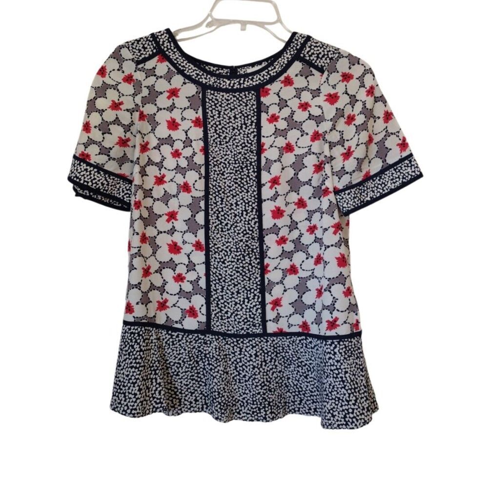 Boden Blouse Women 2 Red White Polka Dots Floral‎ Short Sleeve Keyhole Casual